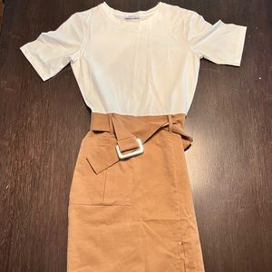 Zara Basic One Piece Skirt & Blouse Illusion Dress with Belt. White and Brown